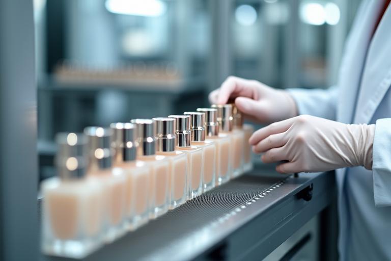 Des mains travaillant sur une chaîne de production de cosmétiques, remplissant des flacons, pour la production et le conditionnement.